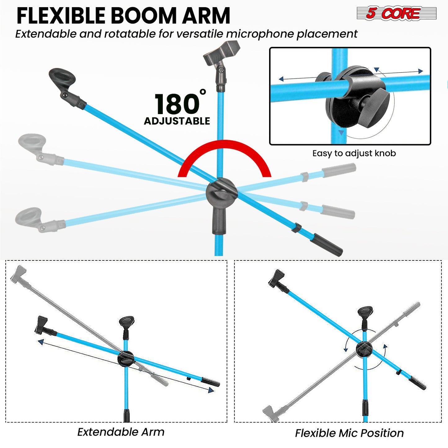 5 Core Microphone Stand Floor 2 Mic Clips Universal Height Adjustable 63" Dual Tripod Mic Stands w Telescoping Boom Arm Foldable Portable