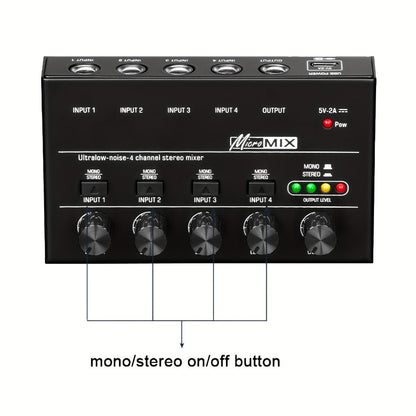 Compact 4/6/8-Channel Stereo Audio Mixer with USB-C Power and Level Controls