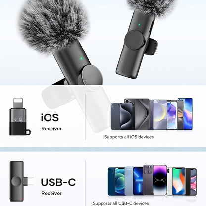 Recording Microphone, Portable, Wireless, USB-C, 2pcs, Lapel for Recording and Streaming