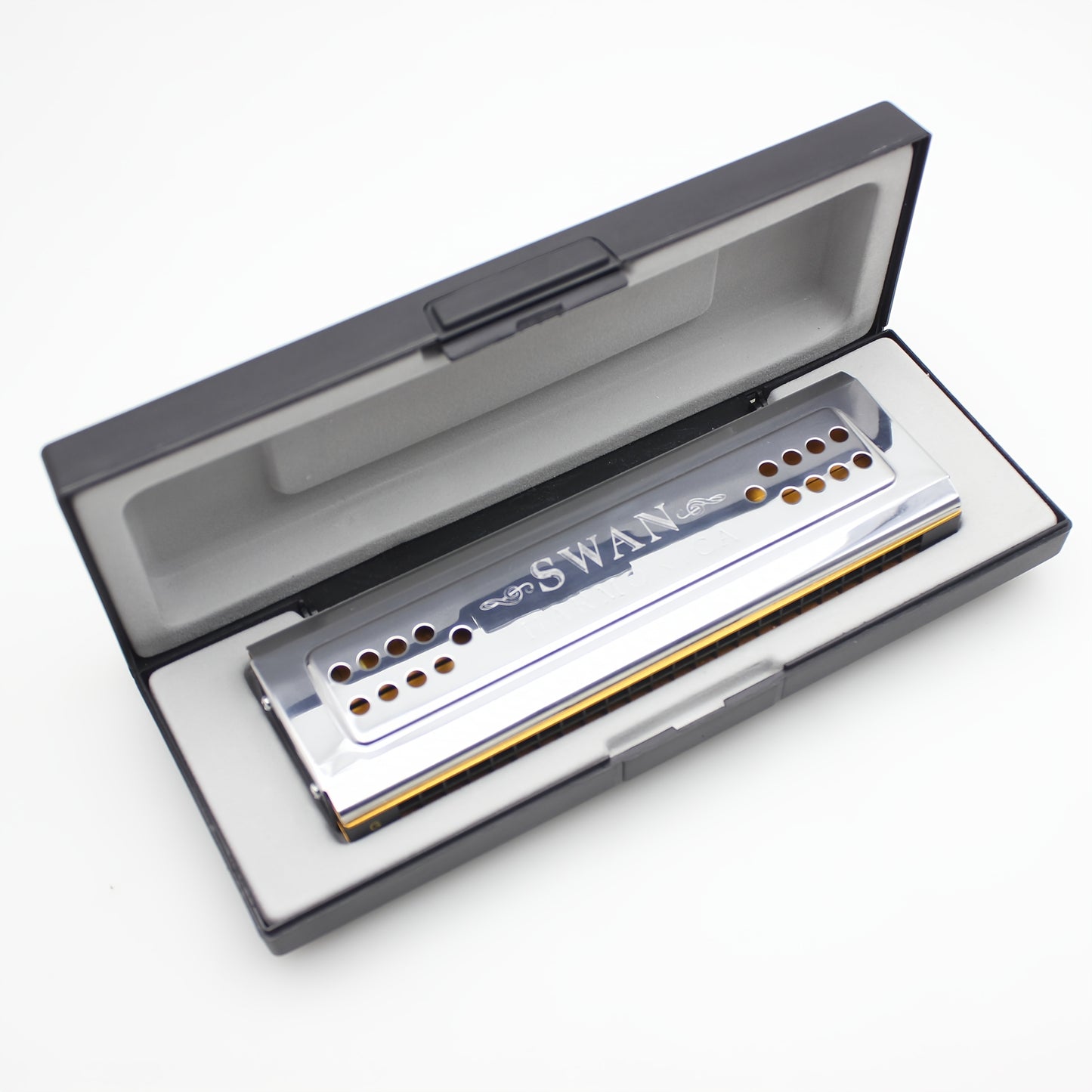 Swan 24-Hole C&G Tuned Diatonic Harmonica, Double-sided Metal with Polished Finish, Includes Cleaning Cloth and Box (Cleaning Cloth Color May Vary) - Swan Harmonica for Beginners and Professionals