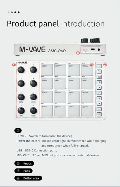 MIDI Pad Controller, Wireless, USB, M-VAVE, Portable for Music Production