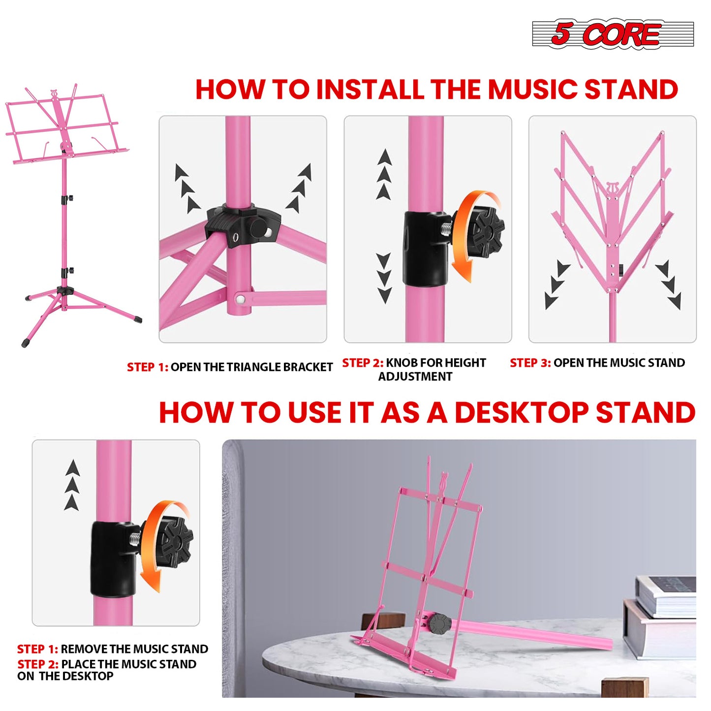 5 Core Music Stand Height Adjustable Desktop Book Stands Portable Sheet Holder All Metal Bookstand Foldable Atril Para Partituras w Carrying Bag & Clip Pink - MUS FLD PNK