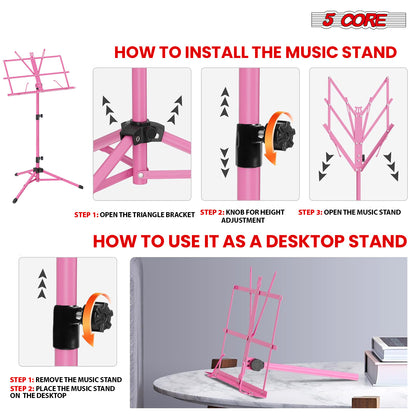 5 Core Music Stand Height Adjustable Desktop Book Stands Portable Sheet Holder All Metal Bookstand Foldable Atril Para Partituras w Carrying Bag & Clip Pink - MUS FLD PNK