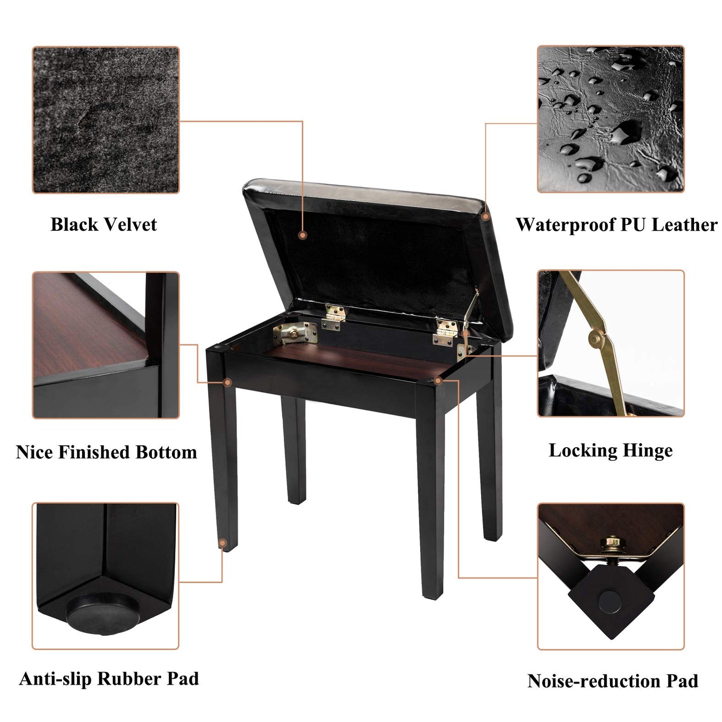 Bonnlo Wooden Double/Duet Piano Bench with Music Book Storage and Thick Cushion Faux Leather Padded Piano Stool Artist Duet Seat