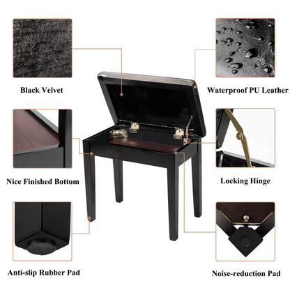 Bonnlo Wooden Double/Duet Piano Bench with Music Book Storage and Thick Cushion Faux Leather Padded Piano Stool Artist Duet Seat