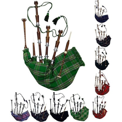HAAUR TRADERS Scottish Bagpipe Rosewood Royal Stewart Tartan Natural Color with Silver Plain Mounts Free Tutor Book, Carrying Bag, Drone, Reeds