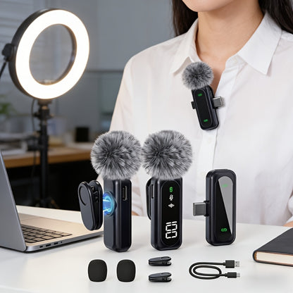 2.4G Wireless Lavalier Microphone with Feather Windscreen & Digital Display - Plug-and-Play Professional Noise-Canceling USB-C Portable Mic Suitable for Streaming, Vlogging, Podcasts, Interviews - Compatible for Phone/PC/Tablet