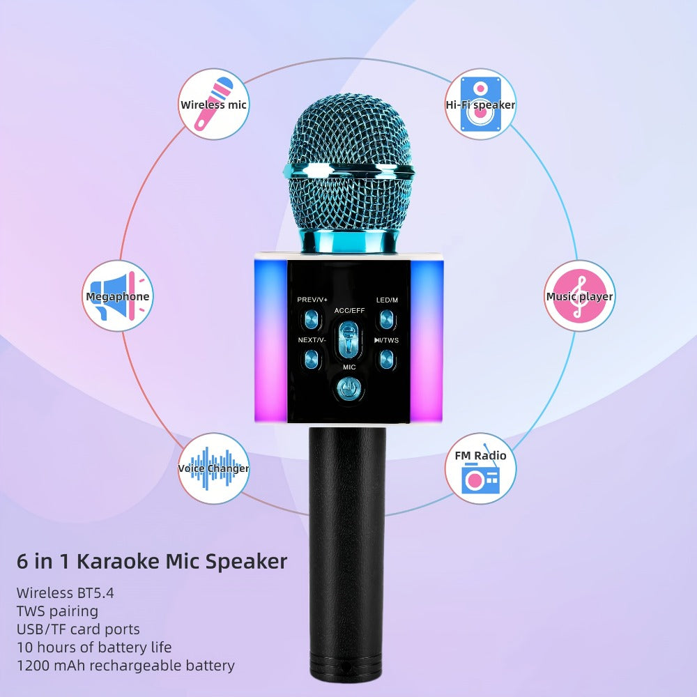 6-in-1 Wireless Karaoke Microphone Speaker with LED Lights and TWS