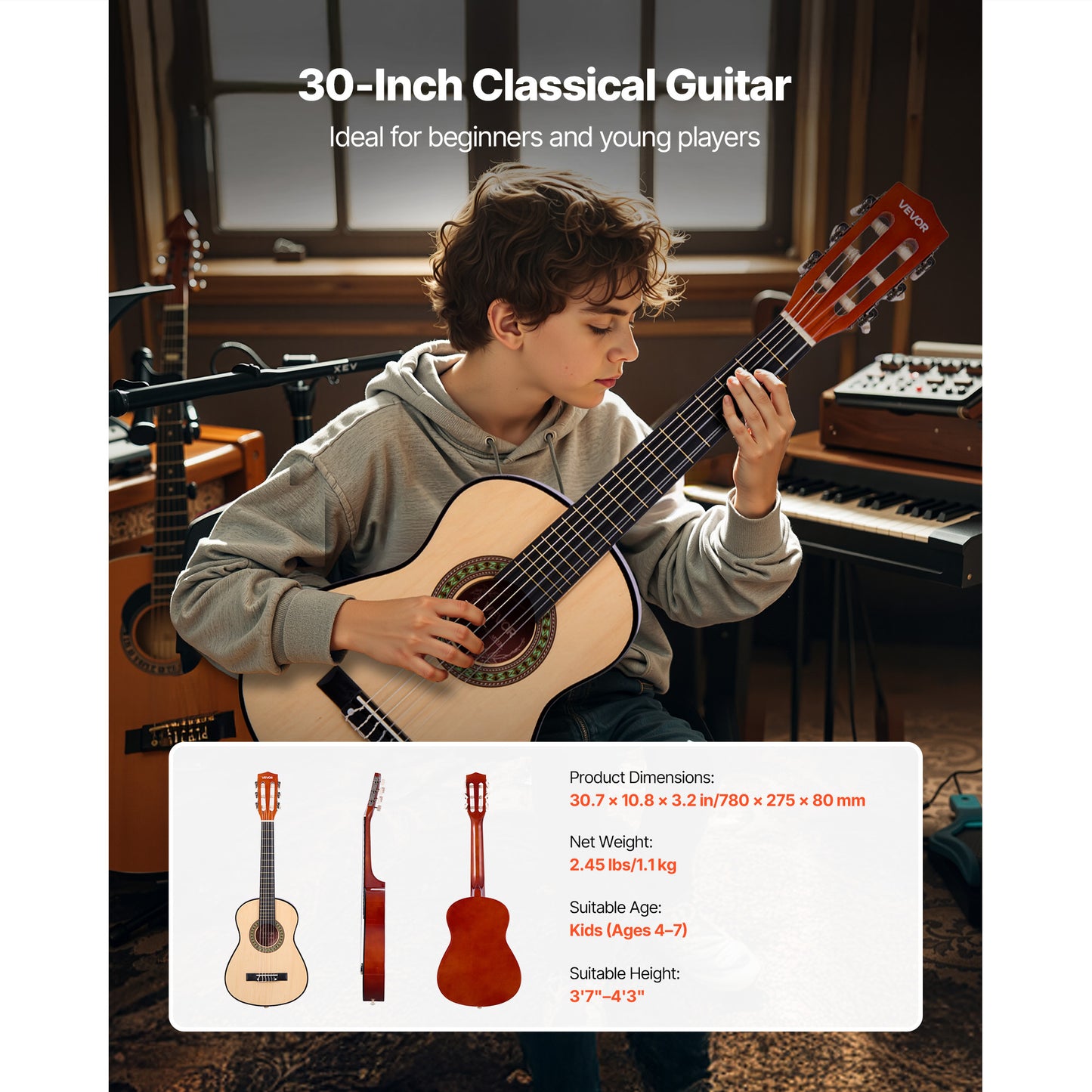 VEVOR Classical Guitar 30 in Guitar Beginner Starter Kit Nylon Strings Sunburst Sunrise Color/Black/Natural Color/Pink