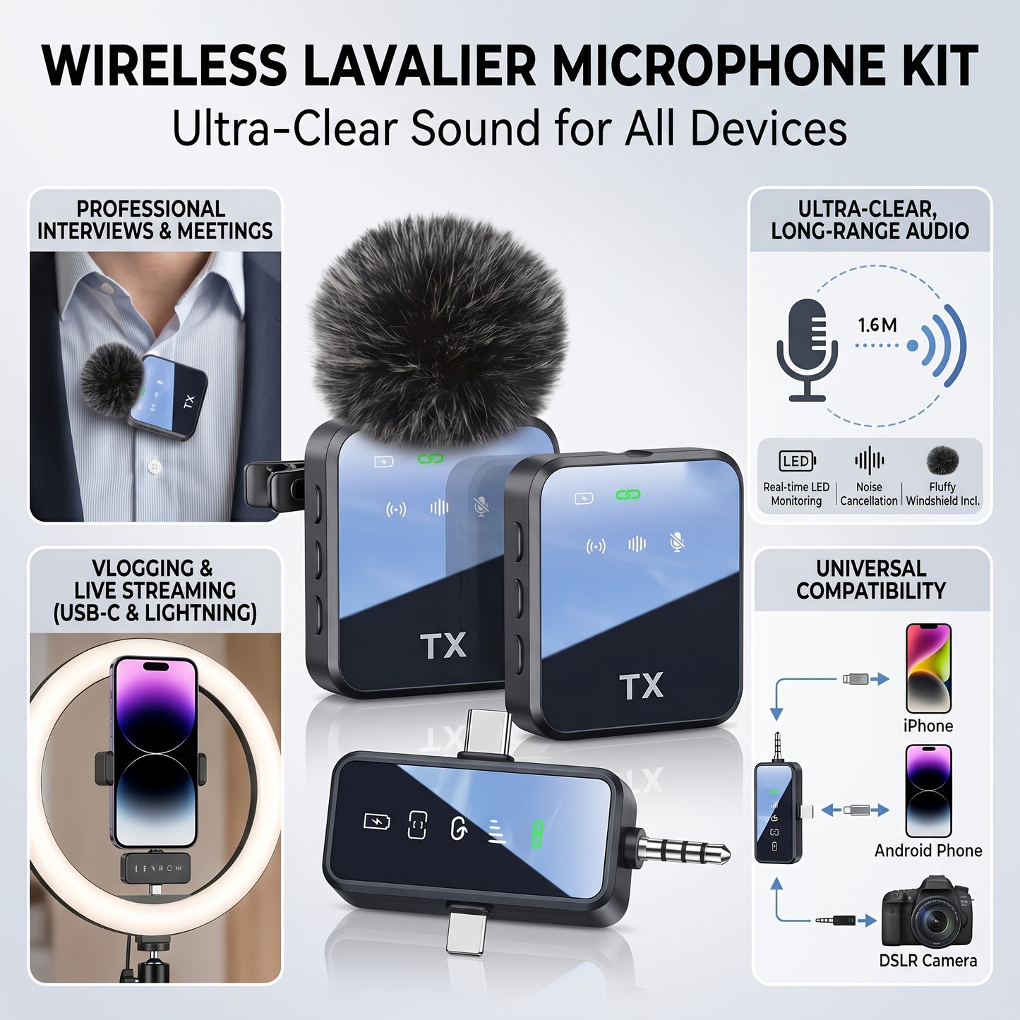 Wireless Lavalier Microphone 3 in 1 for Iphone/Android/Camera, 328Ft Range, 18 Hours Battery Life, Compact Microphone for Recording Interviews And Vlogs on Smartphones