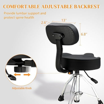 Hydraulic Drum Throne with Backrest, Adjustable Saddle Seat for Drummers