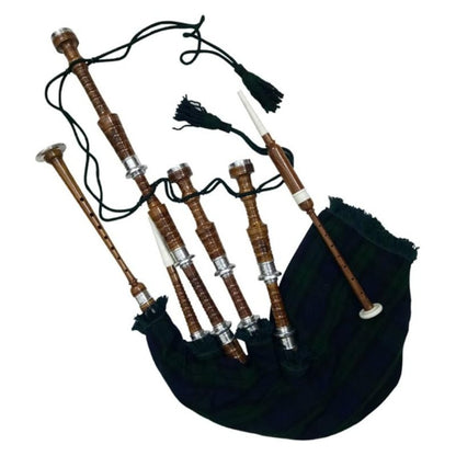 HAAUR TRADERS Scottish Bagpipe Rosewood Royal Stewart Tartan Natural Color with Silver Plain Mounts Free Tutor Book, Carrying Bag, Drone, Reeds