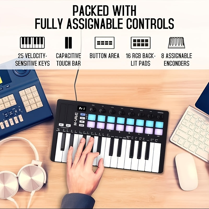 M-VAVE 25-Key MIDI Keyboard Controller with, Velocity-Sensitive Slim Keys & RGB Backlit Pads - Portable / MIDI Controller Compatible for DAW, Compatible with, Ableton, FL Studio, Cubase, Reason - - ()