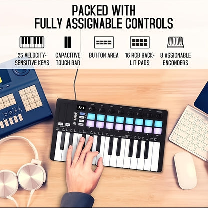 M-VAVE 25-Key MIDI Keyboard Controller with, Velocity-Sensitive Slim Keys & RGB Backlit Pads - Portable / MIDI Controller Compatible for DAW, Compatible with, Ableton, FL Studio, Cubase, Reason - - ()