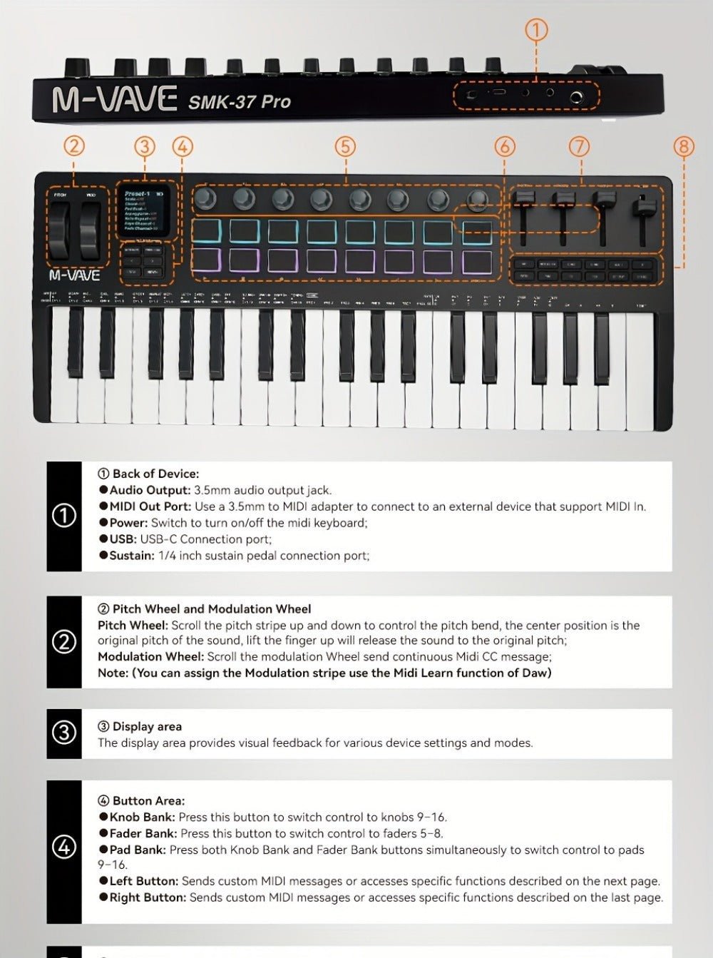 MIDI Keyboard Controller, Wireless, 37 Keys, M-VAVE, SMK37PRO for Music Production