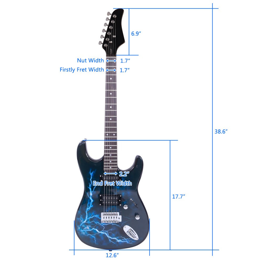 Black & Dark Blue Lightning Style Electric Guitar - Ideal for Beginners and Enthusiasts - Includes Power Cord, Strap, Bag, Plectrums & Tremolo Arm