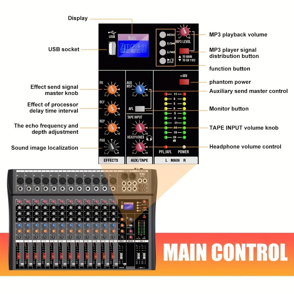 Audio Mixer, USB, Professional, 12-Channel, Controller for Live Sound