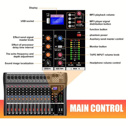 Audio Mixer, USB, Professional, 12-Channel, Controller for Live Sound