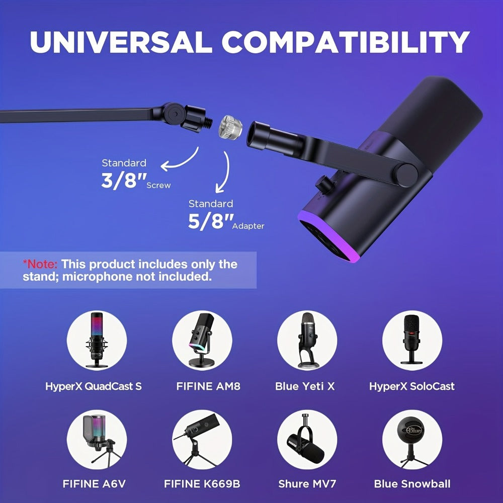 360-Degree Microphone Boom Arm with Foldable Desk Mount and Screw Adapter