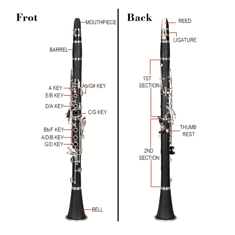 B-Flat Clarinet, 17 Keys, 10pcs, Glarry, Keys, Set for Lessons and Practice