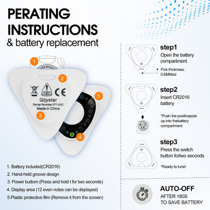 Guitar Tuner Pick 4-in-1 - 0.5-0.75-1.0mm Plectrum, 12 Equal Temperaments, Precision Tuning for Electric & Acoustic Guitars, Bass, Ukulele, Violin, Bass, Banjo, Chromatic