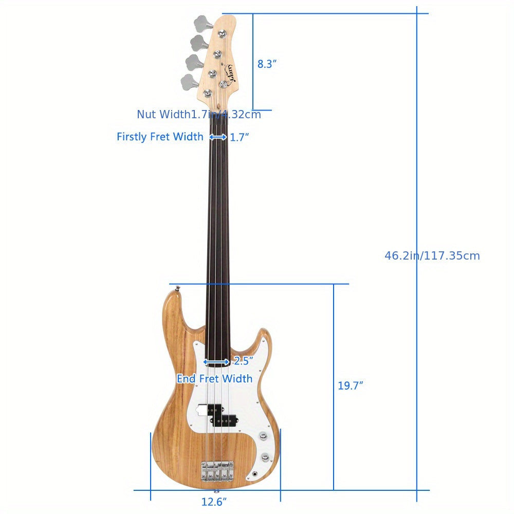 Fretless Electric Bass Guitar Full Size 4 String for Experienced Bass Players Cord Wrench Tool Burlywood with Bass Bag Guitar Strap Amp Wire Spanner Tool Plectrum