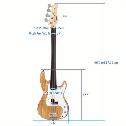 Fretless Electric Bass Guitar Full Size 4 String for Experienced Bass Players Cord Wrench Tool Burlywood with Bass Bag Guitar Strap Amp Wire Spanner Tool Plectrum