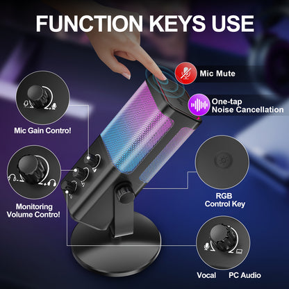 RGB Gaming Microphone with Game Voice Balance, AI Noise Cancellation, Studio USB Computer Condenser Mic for Streaming/Recording/Discord, Podcast PC Mics with Mute & Monitoring for Pc/Ps5/Mac