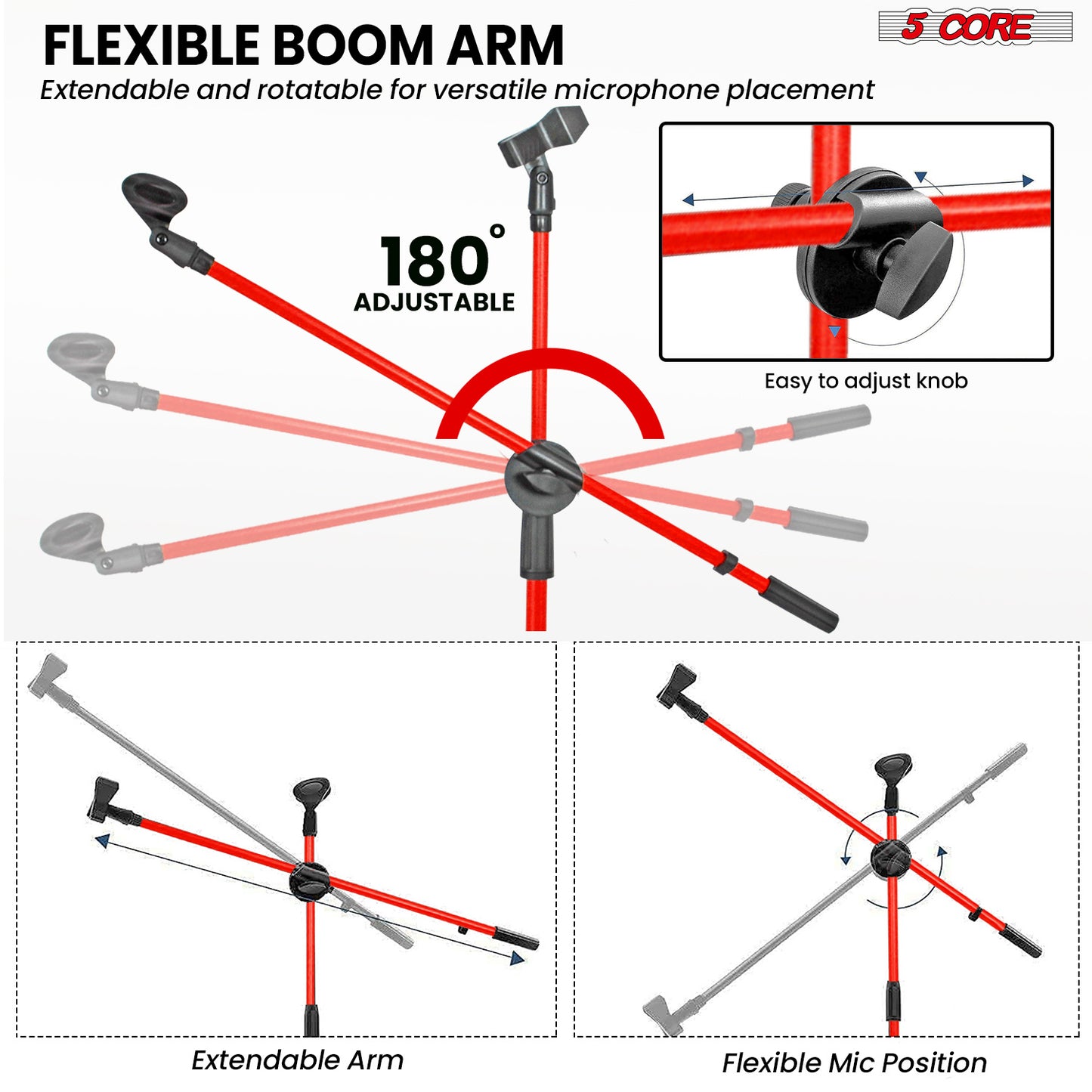 5 Core Microphone Stand Floor 2 Mic Clips Universal Height Adjustable 63" Dual Tripod Mic Stands w Telescoping Boom Arm Foldable Portable