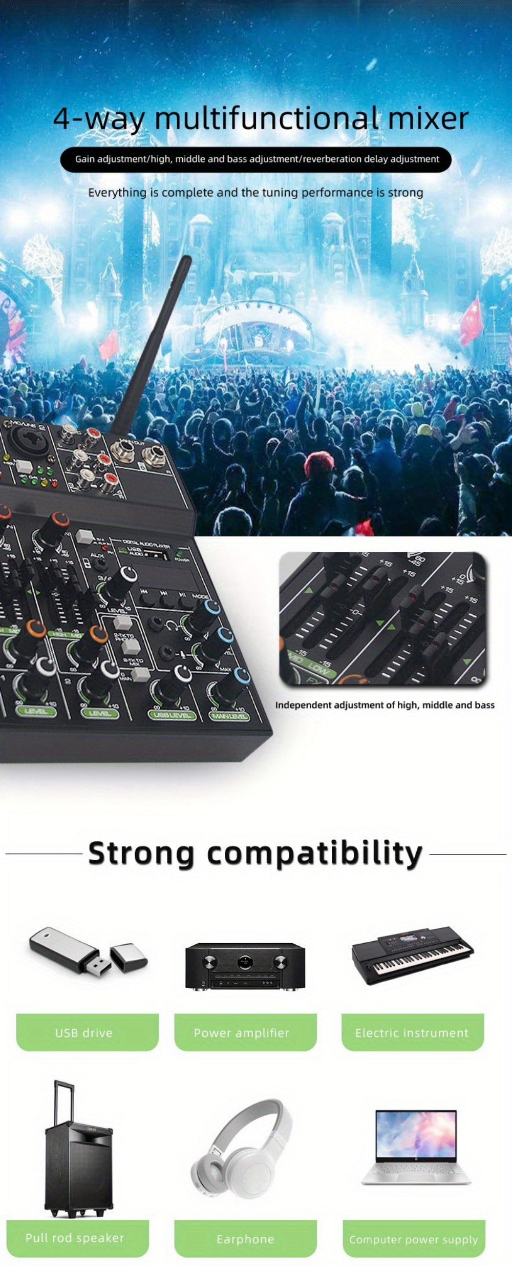 Audio Mixer, Wireless, USB, High-Quality, 4-Channel, UHF for Live Sound
