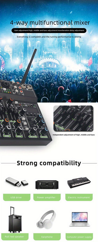 Audio Mixer, Wireless, USB, High-Quality, 4-Channel, UHF for Live Sound