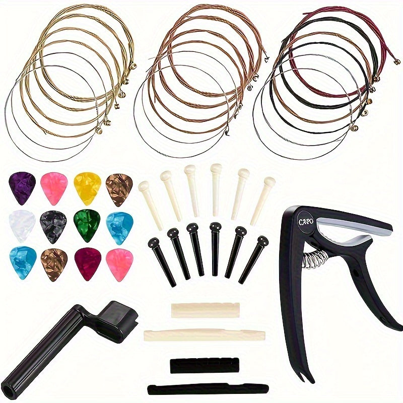 Acoustic Guitar Additions Kit Guitar Strings Replacement Changing Tool Including Guitar Acoustic Strings, Picks, Capo, String Winder, Bridge Pins, Picks for Guitar Players Beginners (48pcs)