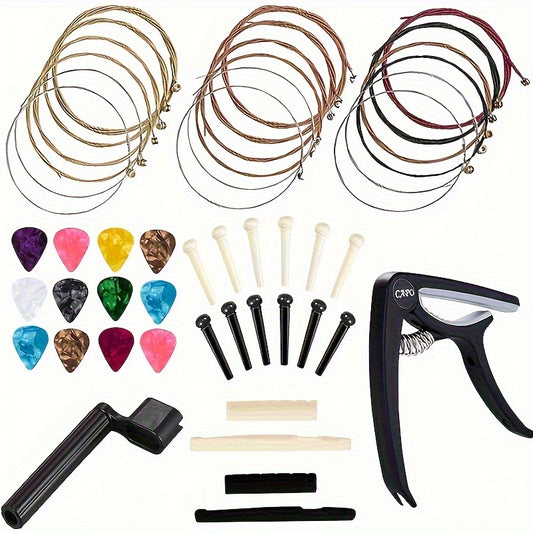 Acoustic Guitar Additions Kit Guitar Strings Replacement Changing Tool Including Guitar Acoustic Strings, Picks, Capo, String Winder, Bridge Pins, Picks for Guitar Players Beginners (48pcs)