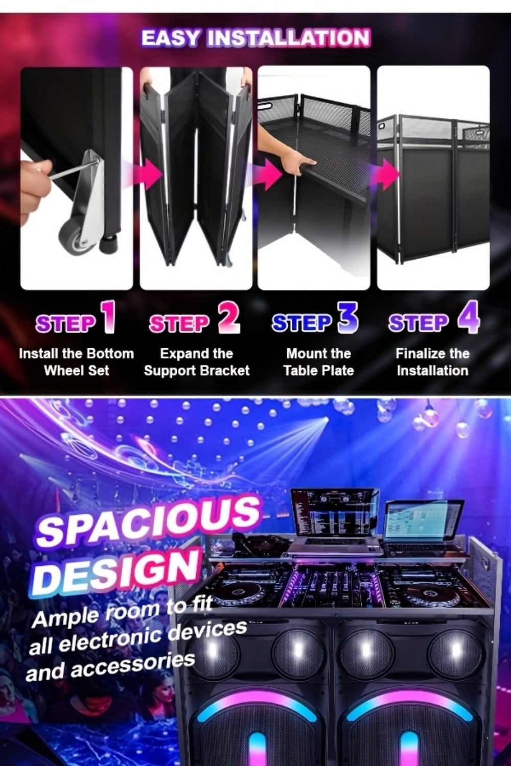 Portable DJ Booth, Portable, 5 inch, Facade for Supporting And Screening Dj Controllers
