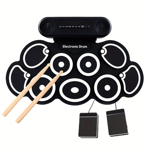 Electronic Drum Set, 9-Pads Roll-Up Electric Drum Pad Kit with Headphone Jack 10Hrs Playtime Built-in Speaker with Drumsticks Pedals, Xmas Birthday Gift for Adults, Student, Black
