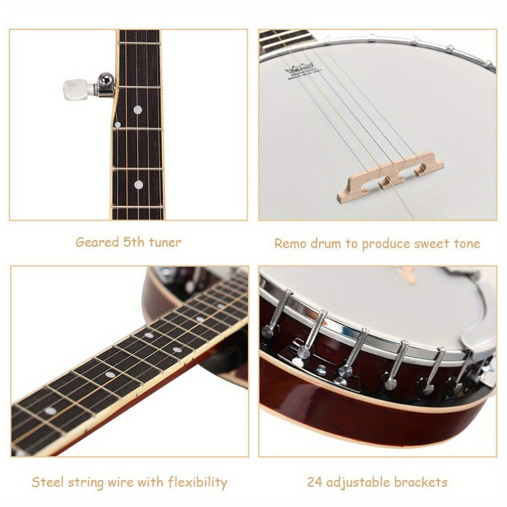 5-String Closed-Back Banjo, 24-Bracket Beginner Instrument with Case