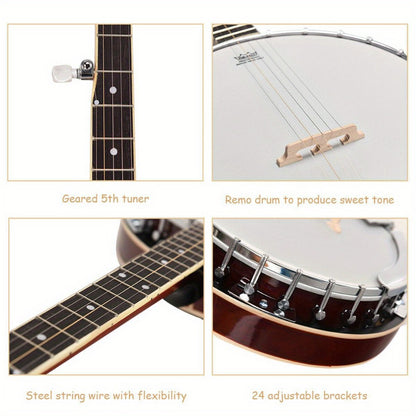 5-String Closed-Back Banjo, 24-Bracket Beginner Instrument with Case