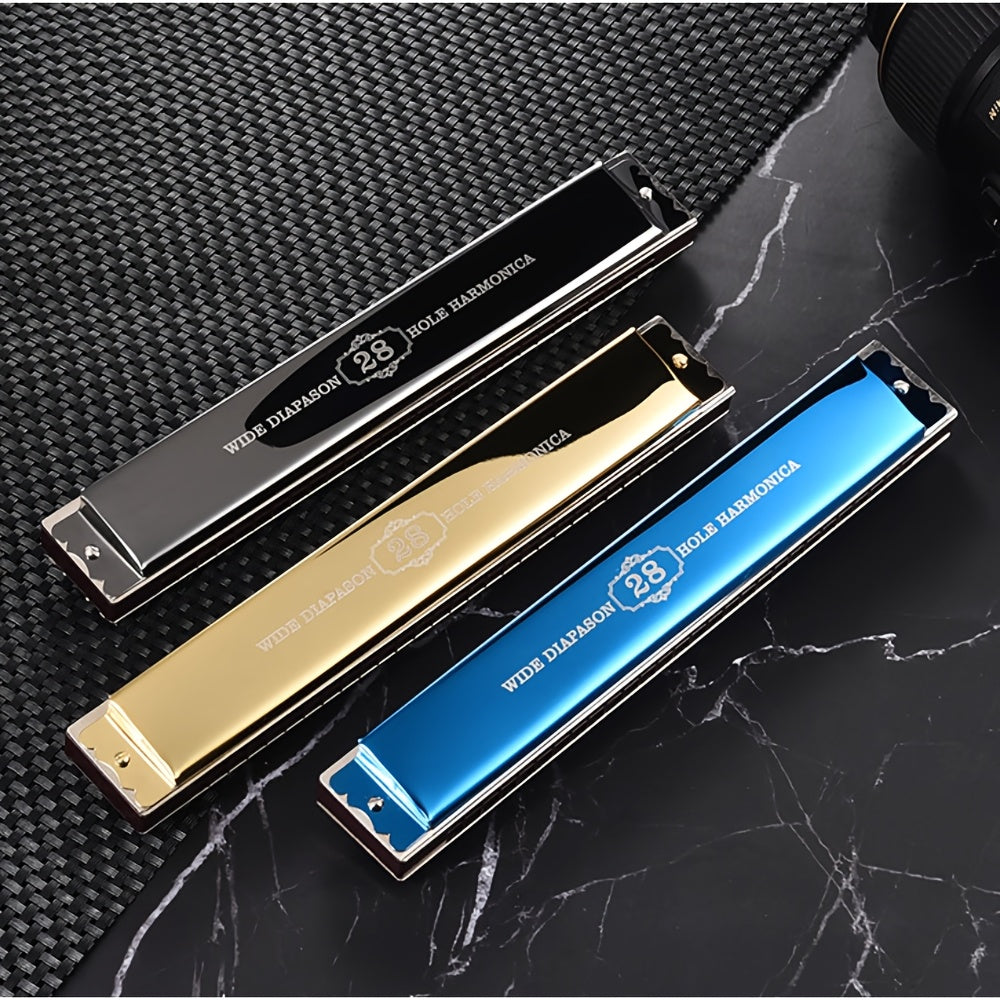 FG Professional 28 Hole Blues Harmonica | Dual Row Metal Brass Reed, Polished Blue/Black Surface with Case | Durable Construction, Stylish Design for Musicians