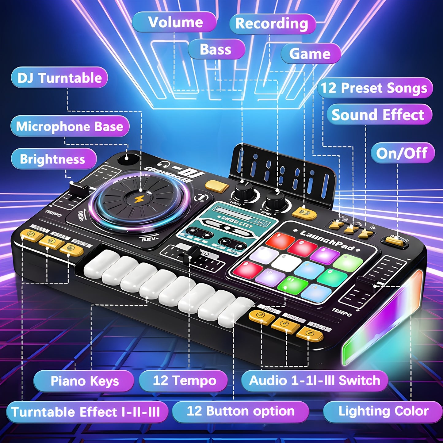 All-In-One Multi-Function DJ Mixing Controller, Equipped with an Electric Keyboard, DJ Controls, Sound Effects, And Recording Functions, Is a Perfect New Year/Birthday Gift, an Educational Toy Companion for Child