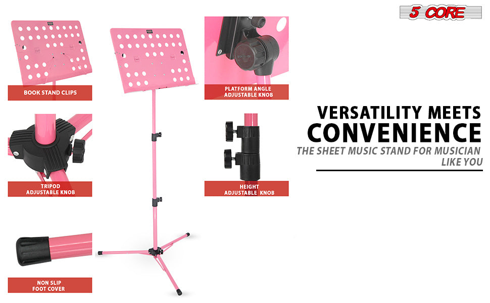 5 Core Music Stand Height Adjustable Desktop Book Stands Portable Sheet Holder All Metal Bookstand Foldable Atril Para Partituras w Carrying Bag Light & Clip Pink - MUS FLD HD ACC PNK