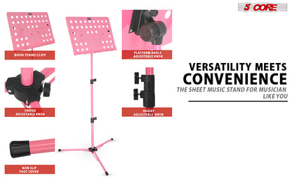 5 Core Music Stand Height Adjustable Desktop Book Stands Portable Sheet Holder All Metal Bookstand Foldable Atril Para Partituras w Carrying Bag Light & Clip Pink - MUS FLD HD ACC PNK