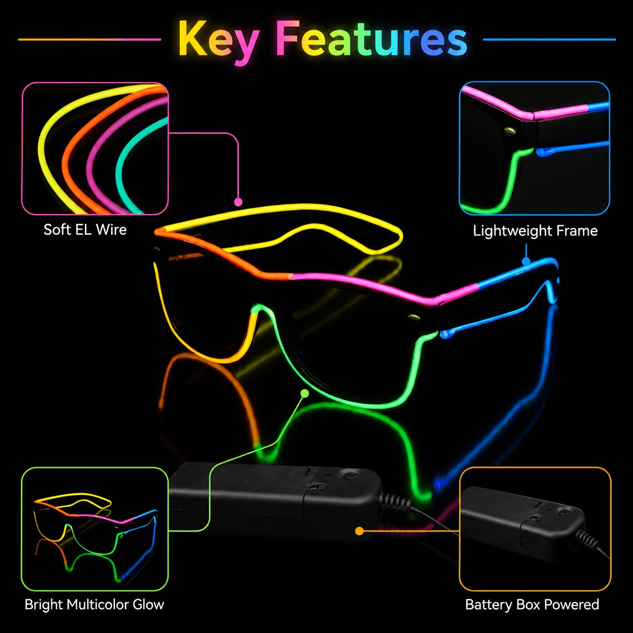 [Halloween Cosplay Raves] Multi-Color EL Wire LED Glowing Glasses - Flexible Adjustable Light-Up Costume Accessories With Portable Battery Pack For Halloween, Cosplay, Raves, Festivals, Night Parties, Carnival & Glow-in-the-Dark Events