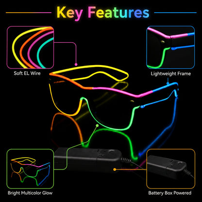 [Halloween Cosplay Raves] Multi-Color EL Wire LED Glowing Glasses - Flexible Adjustable Light-Up Costume Accessories With Portable Battery Pack For Halloween, Cosplay, Raves, Festivals, Night Parties, Carnival & Glow-in-the-Dark Events