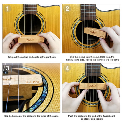 Saphue S1-Pro Professional Acoustic Guitar Pickup with Volume/Tone Control - Beech Wood Soundhole Magnet, Alnico V Magnet, 6.35mm Jack Output, Passive Sound System for Piezoelectric-like Performance, Compatible with Acoustic Guitars (No /Electronics