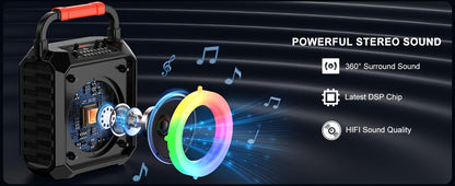 Portable Karaoke Speaker with Two Microphones And DJ Lights, Perfect for Home Parties And Gatherings. This Wireless PA System Supports USB, AUX Input, And Recording