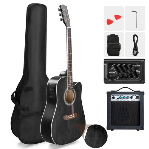 KMA101 41-Inch Black Folk Guitar Featuring a Basswood Body And Matte End, Including a Complete Set with a 10W Amplifier, Tuner, And Additions