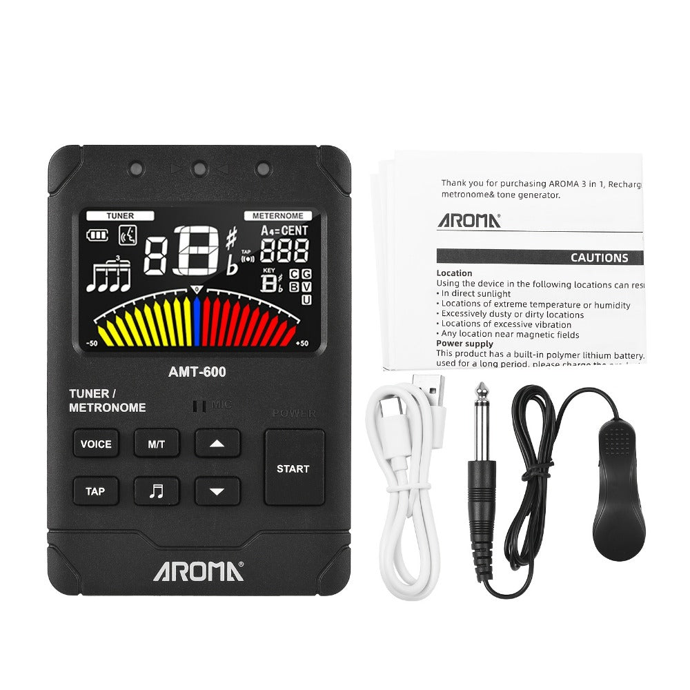 Chromatic Instrument Tuner, USB-C, Rechargeable, 3-In-1 for Guitar and Bass Tuning