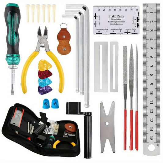 Guitar Tool Kit, Guitar Repair Tools Kit, Professional Guitar Repairing Maintenance Tool Kit with Wire Plier String Organizer Fingerboard Protector Hex Wrenches Files String Action Ruler Spanner