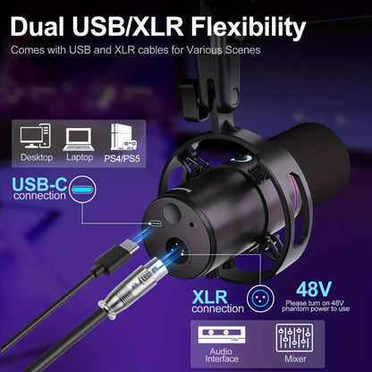 XLR and USB Dynamic Microphone Kit with Noise Control and Boom Arm