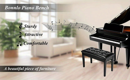 Bonnlo Wooden Double/ Duet Piano Bench with Storage and Thick Cushion Faux Leather Padded Piano Stool Artist Duet Seat- Black/ Brown Piano Chair